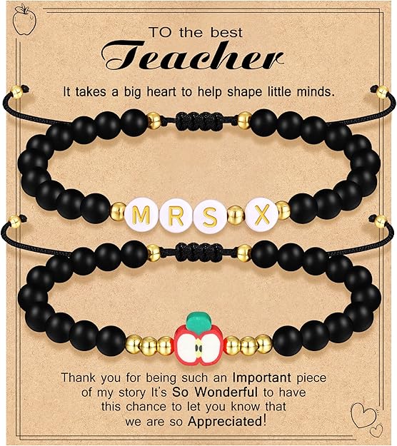 Teacher Appreciation Bracelet Gifts for Women Initial Beaded Bracelets Back to School Thank You Teacher Gifts 2pcs Link Bracelet New Teacher Graduation Gift Birthday Retirement Teachers' Day Jewelry