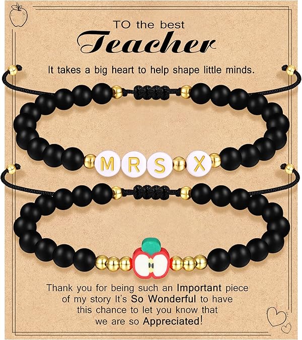 Teacher Appreciation Bracelet Gifts for Women Initial Beaded Bracelets Back to School Thank You Teacher Gifts 2pcs Link Bracelet New Teacher Graduation Gift Birthday Retirement Teachers' Day Jewelry