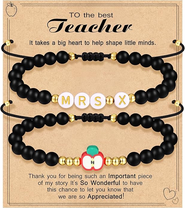 Teacher Appreciation Bracelet Gifts for Women Initial Beaded Bracelets Back to School Thank You Teacher Gifts 2pcs Link Bracelet New Teacher Graduation Gift Birthday Retirement Teachers' Day Jewelry