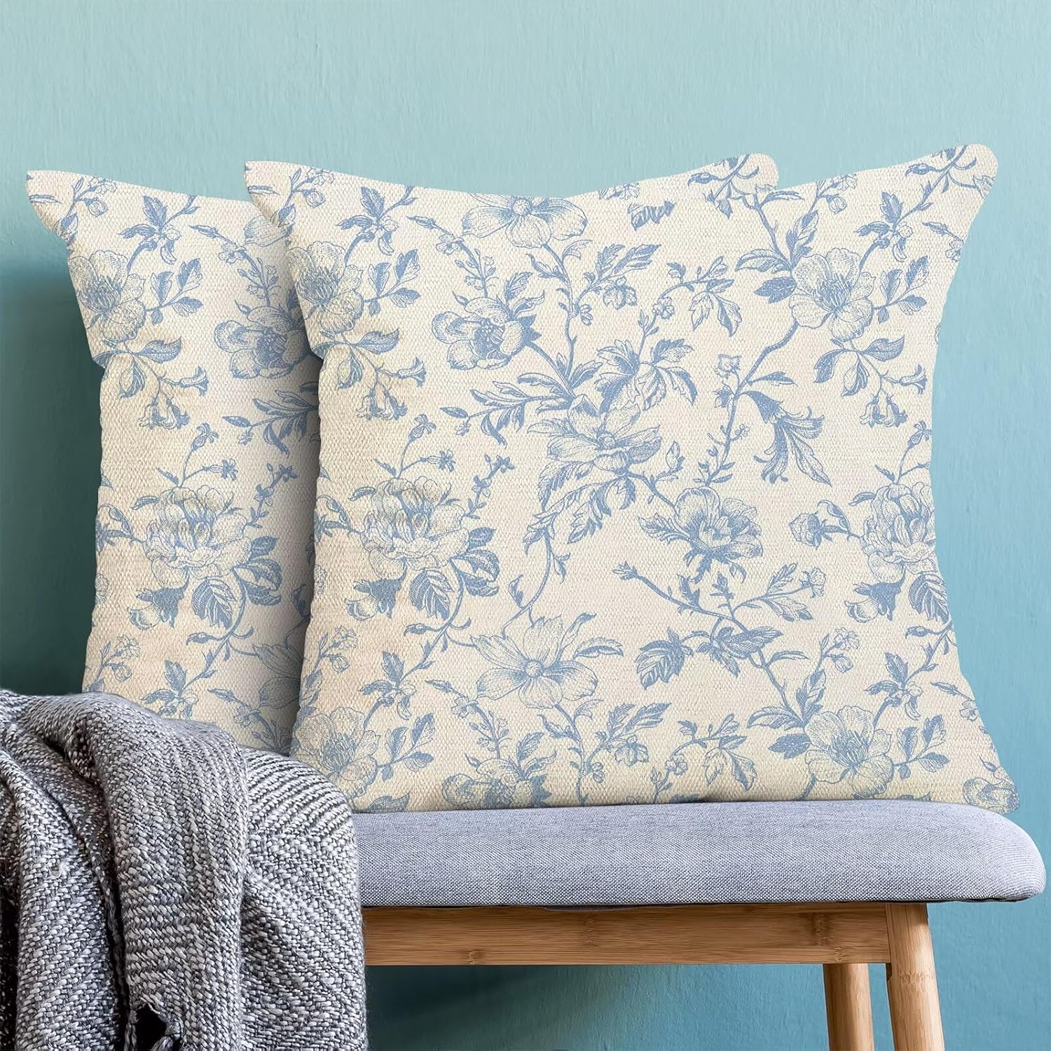 AEIOAE Vintage Floral Pillow Covers 18 x 18 Inch Set of 2, Baby Blue Chinoiserie Flower Decorative Throw Pillow Covers Outdoor Linen Farmhouse Decor Pillowcase for Home Sofa image 4