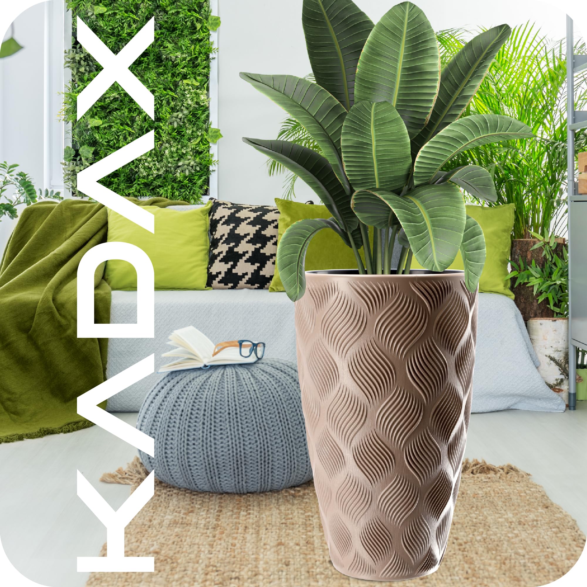 KADAX Blumentopf mit Einsatz und Griffen, Pflanzkübel aus Kunststoff in 5 Größen, UV-Resistenter Topf, Wetterbeständige Pflanzvase hoch, Topf mit 3D Effekt (Beige Höhe: 58,5 cm)