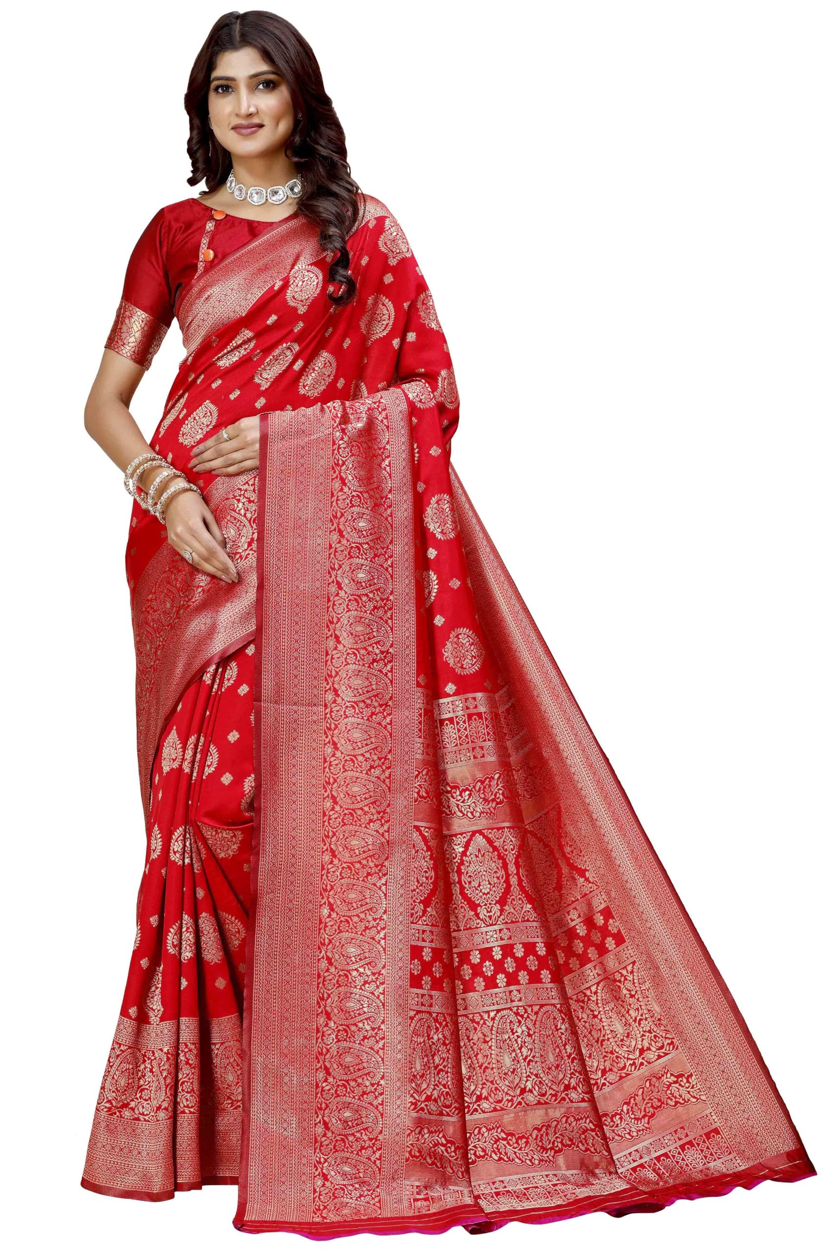Shasmi Women's Banarasi Saree Pure Kanjivaram Silk Saree Soft New Ladies 2025 Design Wear Pattu Sarees Latest Party Sari Collections With Blouse Piece For Wedding Sadi (Pari-218 Red)