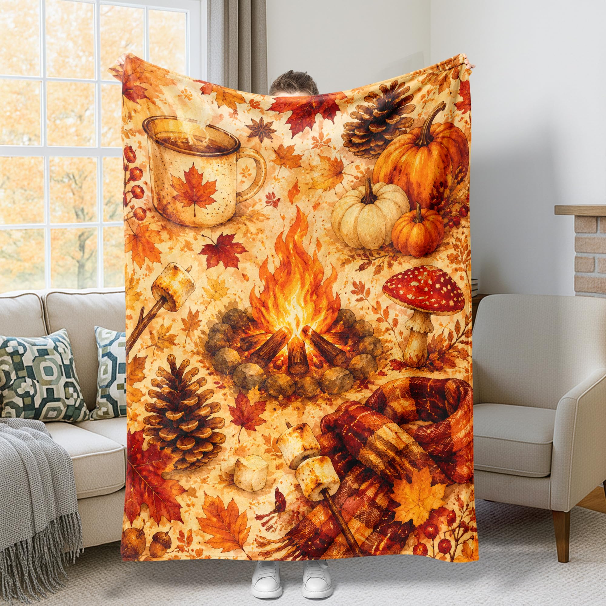 Plaid couverture anti-feu en peluche esthétique orange motif citrouille rustique