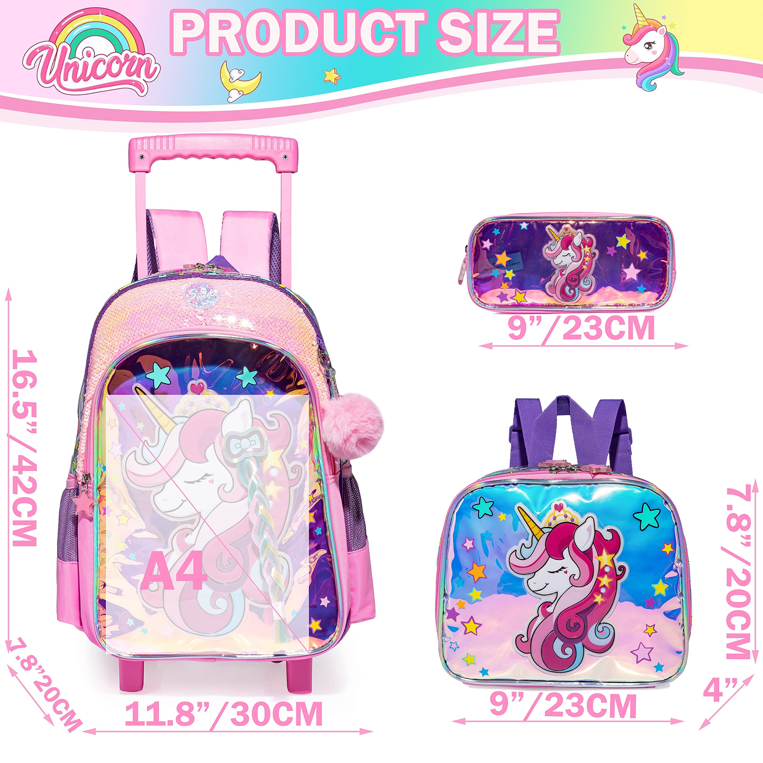 Meetbelify Mädchen Rolling Backpack mit Rädern für Elementary Kindergarten Kinder Mint Koffer Set Travel Laptop Gepäck für Mädchen Alter 6-8
