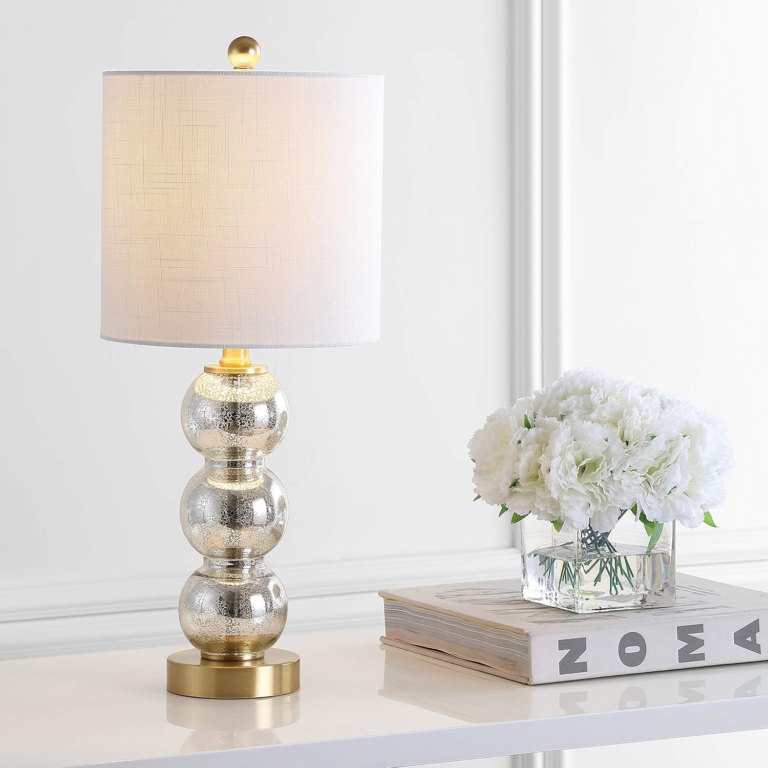 JONATHAN Y 21" Mercury Glass/Brass Gold Glass Table Lamp for Bedroom and Living Room, White Linen Shade, Modern Stacked Sphere Bedside Lamp, LED Bulb Included (JYL1021C)
