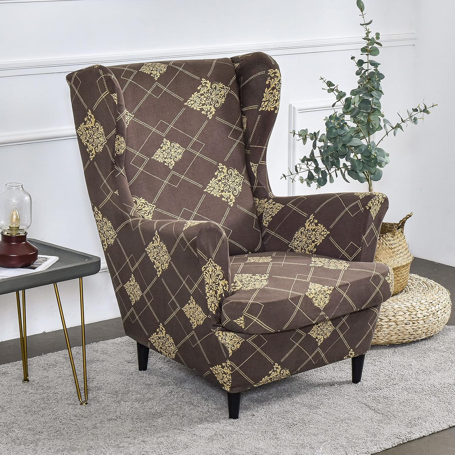 2pcs Wing Chair Slipcovers, Stretch Wingback Chair Covers Spandex Wing Back Armchair Sofa Covers with Cushion Cover Printed Furniture Protector for Living Room