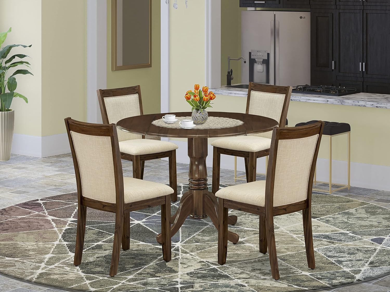 East West Furniture DLMZ5-AWN-02 5 Piece Dining Room Table Set Includes a Round Kitchen Table with Dropleaf and 4 Linen Fabric Parsons Dining Chairs, 42x42 Inch, Natural Walnut