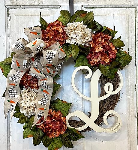 Miniatura 7 de Hydrangea Monogram Initial Front Door Wreath with Choice of Bow Burnt Orange and Cream Hydrangeas on Grapevine Base-Handmade in the USA Front Door