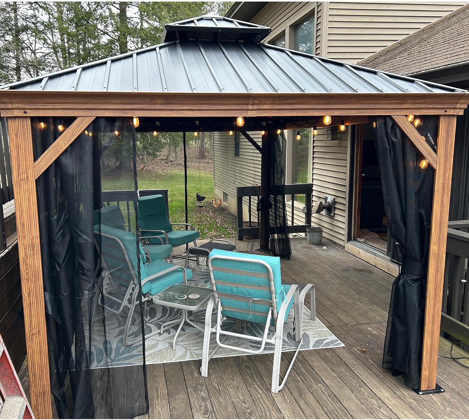 PURPLE LEAF 10' X 14' Outdoor Hardtop Gazebo for Patio Galvanized Steel Double Roof Permanent Canopy Teak Finish Coated Aluminum Frame Pavilion Gazebo with Netting and Lights