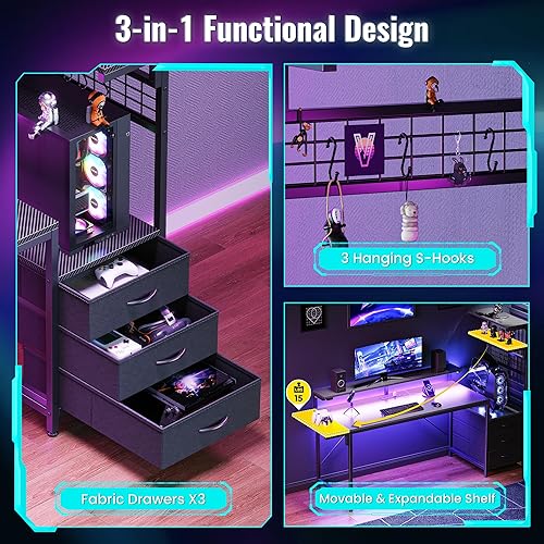 Miniatura 7 de PRAISUN Escritorio para juegos de 61.7 pulgadas con luces LED y tomacorrientes, escritorio de computadora con 3 cajones de tela, escritorio de PC