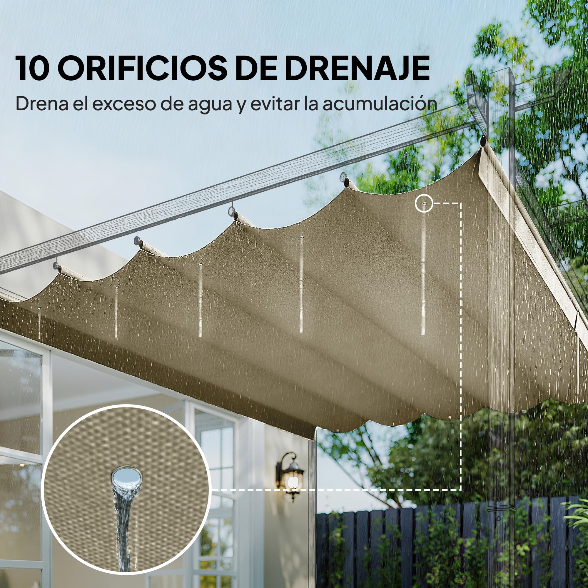 Outsunny Techo de Pérgola 3,5x2,6 m, Techo de Repuesto Retráctil para Marco de Pérgola de 4x3 m, UV30+, Toldo de Tela Solo para Cenador Jardín con 10 Orificios de Drenaje, Beige