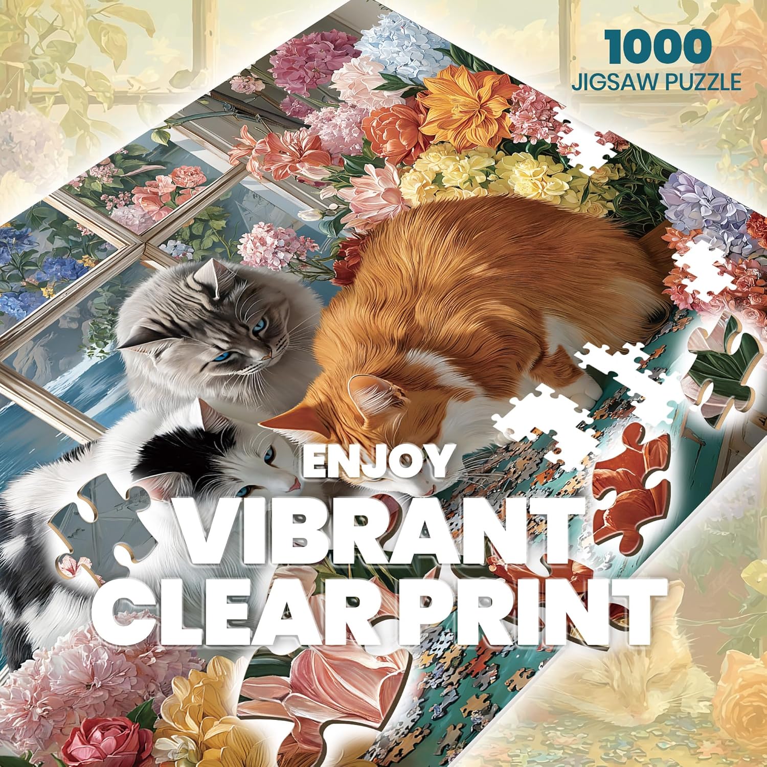 Puzzles for Adults 1000 Pieces, Cat Flower Seaside Ocean Window, Animal Funny 1000 Piece Puzzle for Adults Seniors, Nature Hard Jigsaw Puzzles with Letters on Back, 1:1 Poster