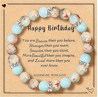 CHICING 20th 30th 40th 50th 60th 70th Birthday Gifts for Women Teen Girls,Natural Stone Bracelet With Writable Greeting Cards for Friends Mom Sister Grandma Daughter Wife