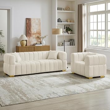 Cloud Sofa Chair Set, 2 Piece Modern Living Room Furniture, White | Upholstered Sofa and Accent Chair with Boucle Fabric, Matching Seating Set for Apartment, Bedroom, Living Room