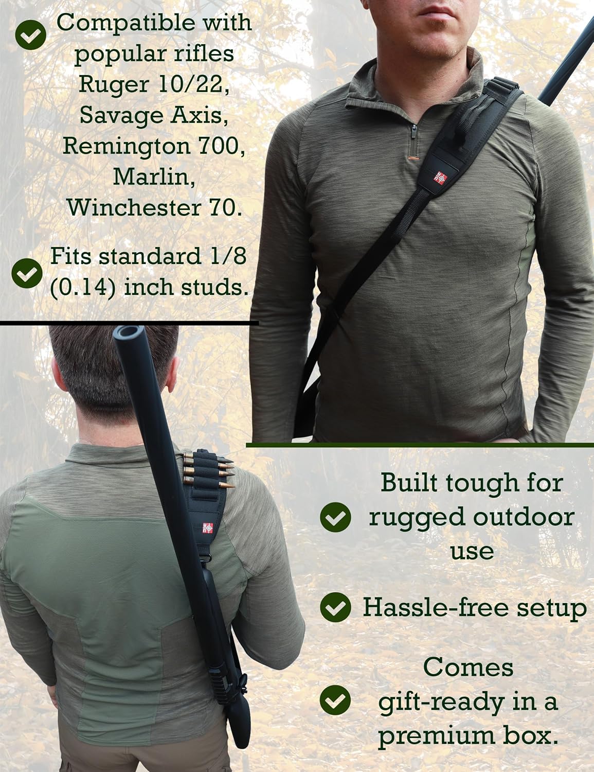 Rifle Sling with Bullet Holders and Swivels, Comfortable Neoprene Padded 2 Point Gun Sling, Adjustable Length Rifle Strap for Ruger 10/22, Savage Axis or Remington 700, Sturdy Hunting Strap, Black
