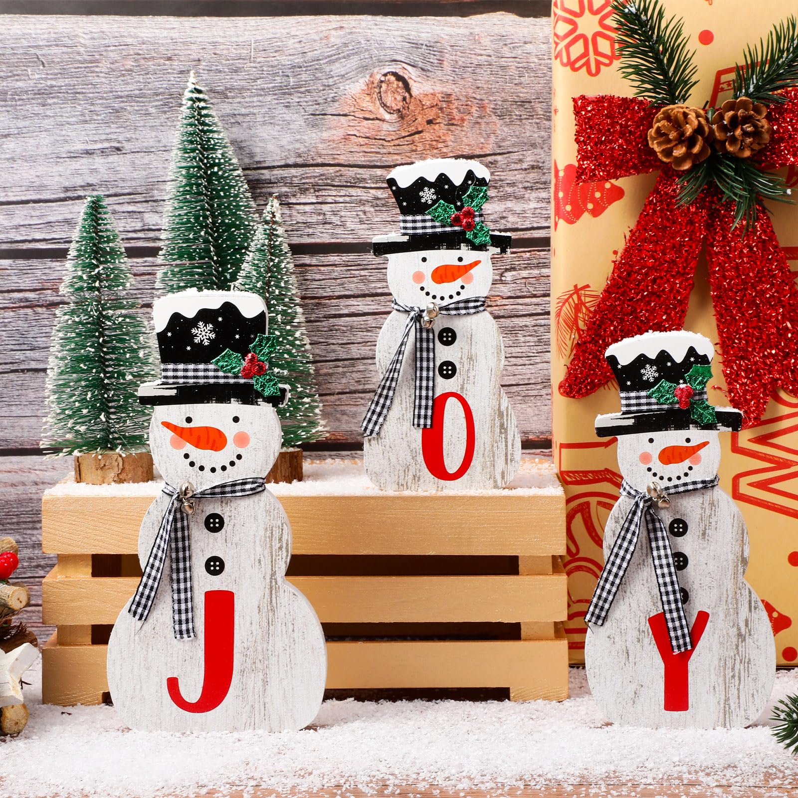 Wenqik 3 Pcs Christmas Snowman Table Top Decoration Joy Wooden Sign Holiday Table Centerpieces Snowman Family Block Decoration for Winter Xmas Mantel Home Shelf Tiered Tray Kitchen Decor