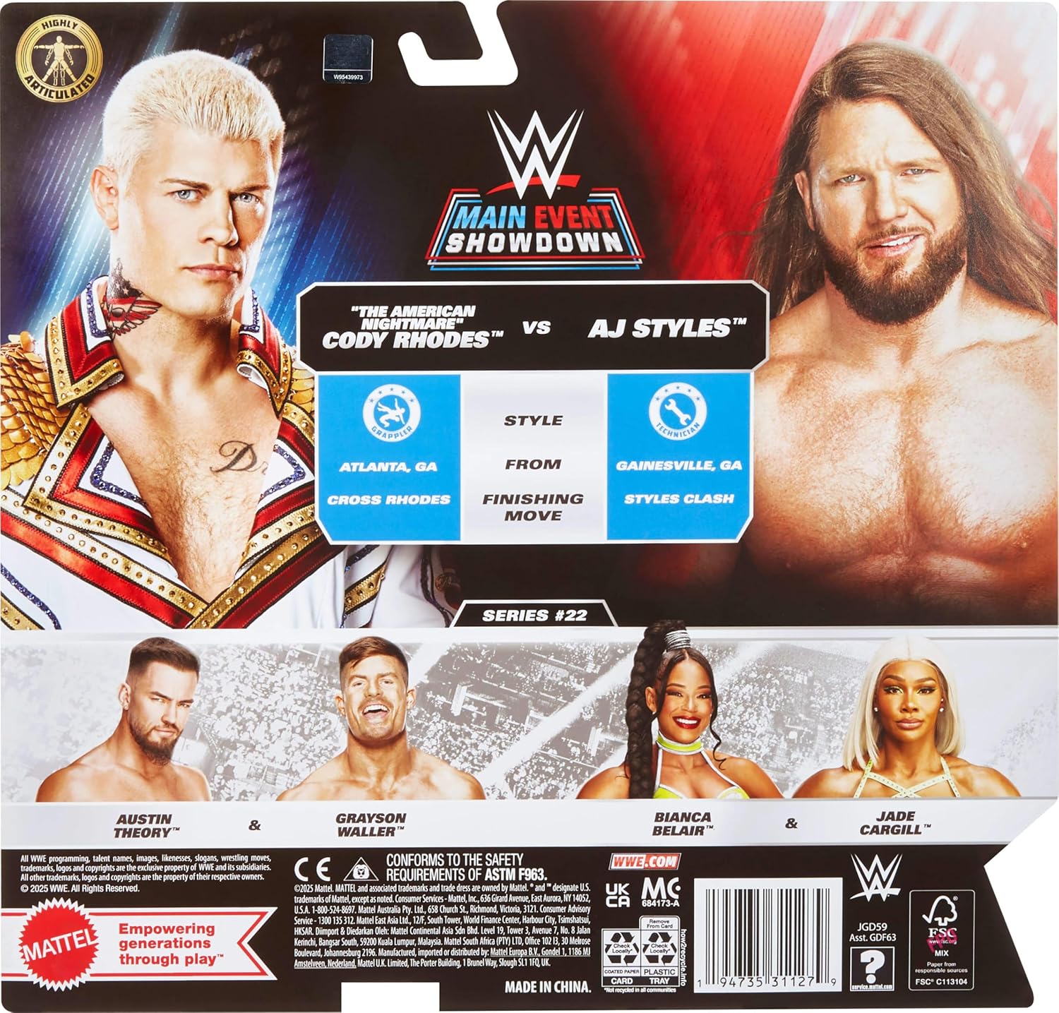 Mattel WWE Main Event Showdown Action Figures 2-Pack with Accessory, Series #22 Cody Rhodes vs AJ Styles Collectible Set, 6-inch