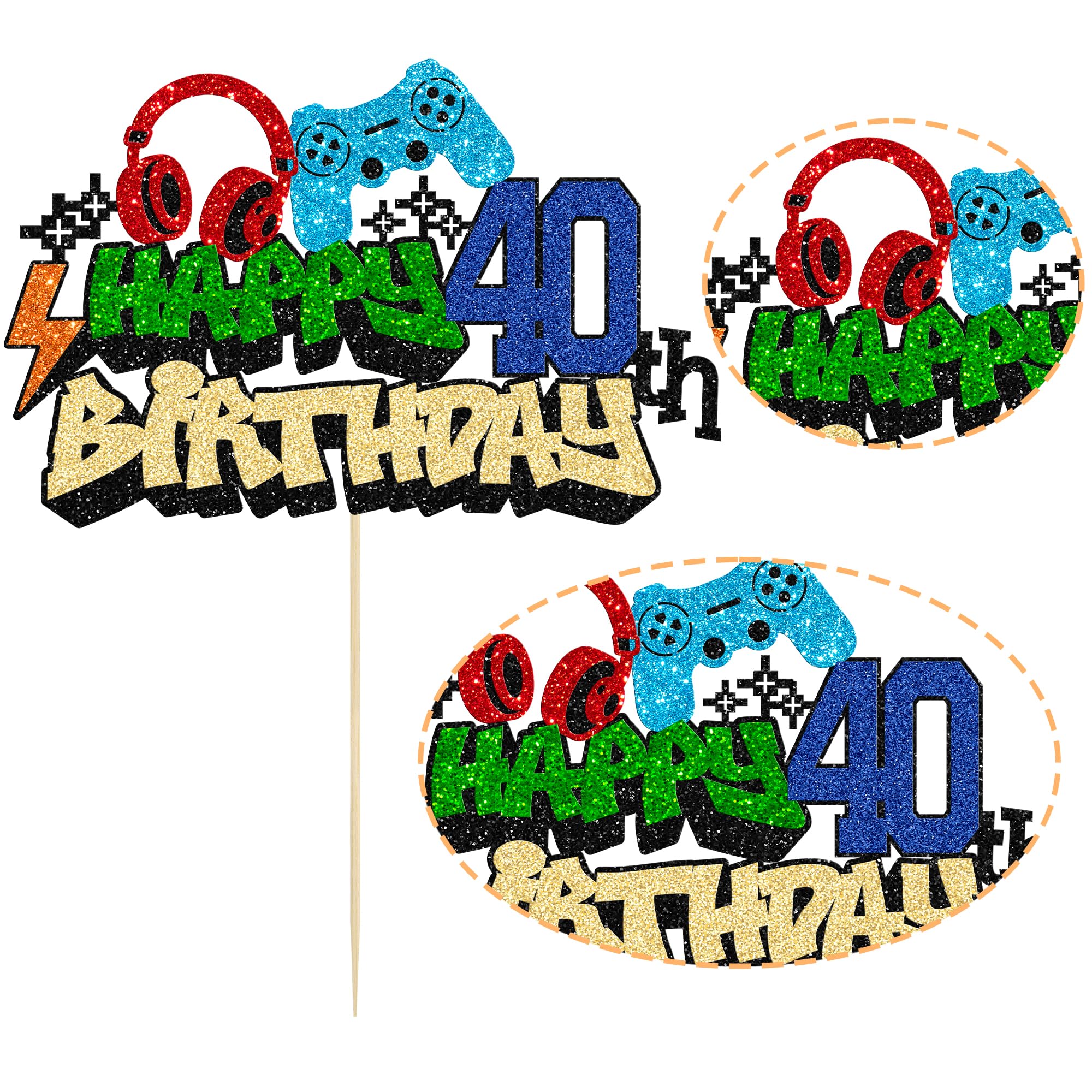 Gyufise 1Pcs Happy 40th Birthday Cake Topper Glitter Video Game Cake Pick Game On Controllers Eighteen Cheers to 18 Years Cake Decoration for Game Theme Happy 40th Birthday Party Supplies 2