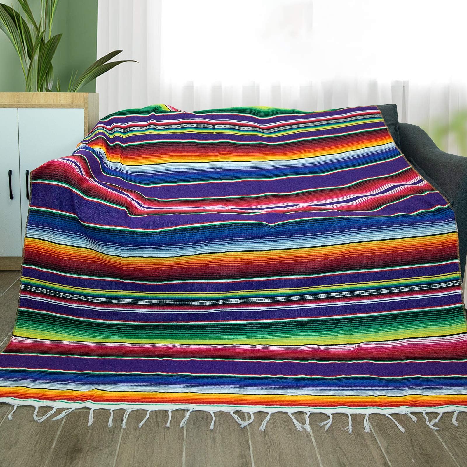 Eccbox 84 X 59 Inch Large Serape Blanket With Assorted Bright Colors - Mexican Tablecloth for Wedding Party Decorations (Purple)
