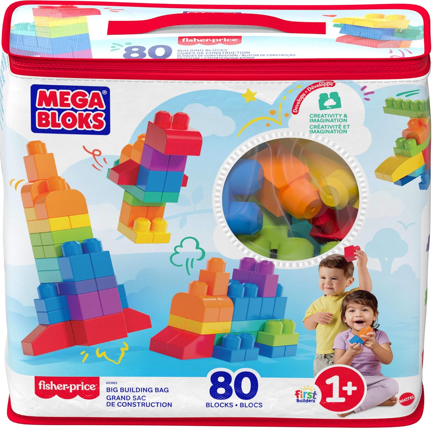MEGA BLOKS First Builders Toddler Blocks Toys Set, Big Building Bag with 80 Pieces and Storage, Blue, Ages 1+ Years