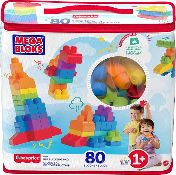MEGA BLOKS First Builders Toddler Blocks Toys Set, Big Building Bag with 80 Pieces and Storage, Blue, Ages 1+ Years