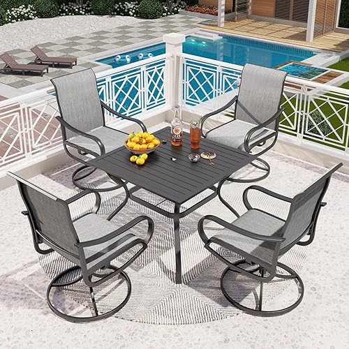 PHI VILLA Juego de comedor de patio de 5 piezas con sillas de comedor giratorias para exteriores (gris) y mesa de comedor de acero de metal de 37 x