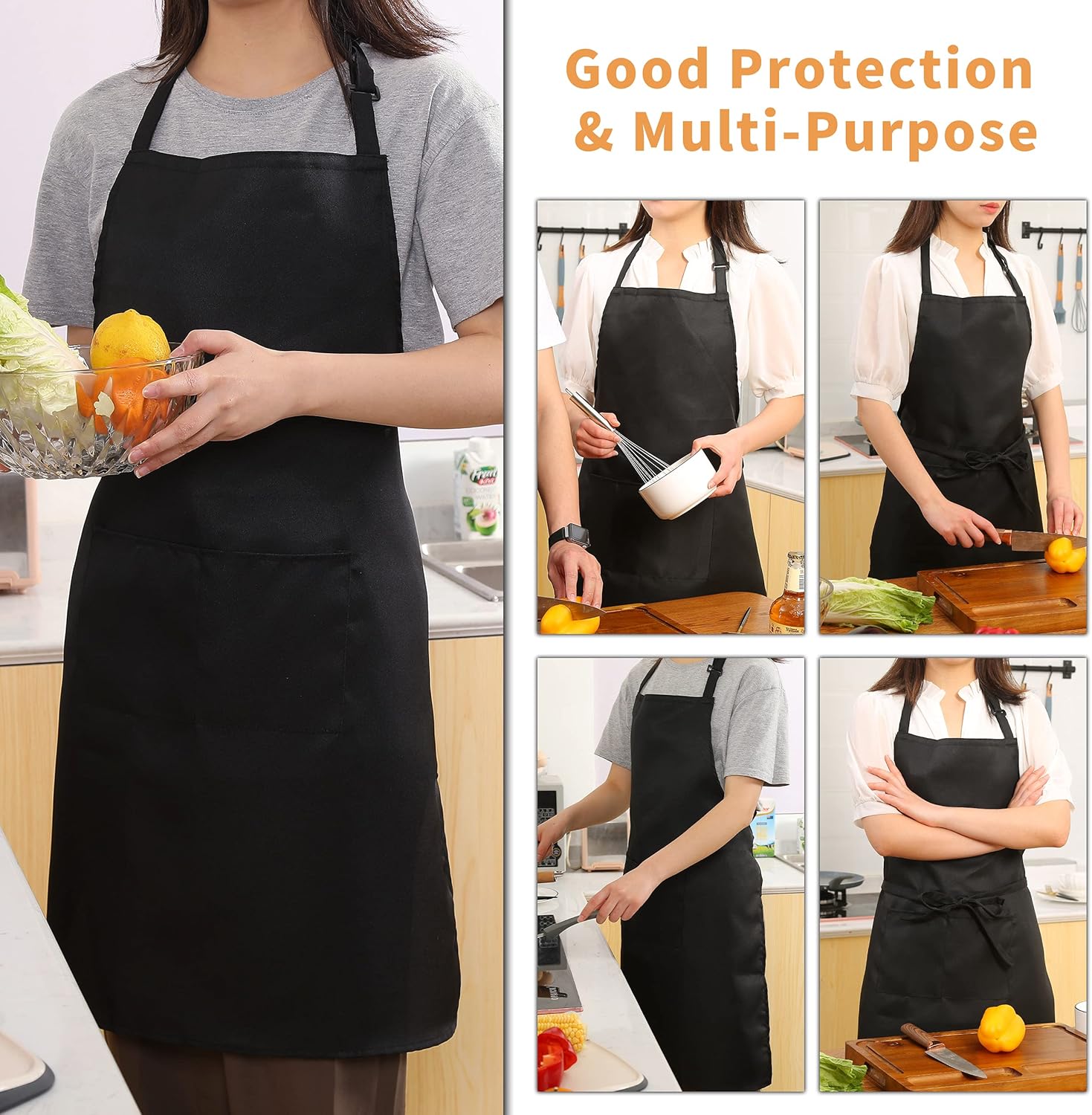 Tosewever 4 Pack Adjustable Bib Apron Waterdrop Resistant Apron with Pocket, Cooking Kitchen Restaurant Aprons for Women Men Chef, BBQ Drawing Crafting Outdoors (Polyester-Black, 4) - Image 3