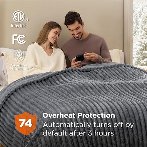 Vista 111 de Bedsure GentleSoft - Manta térmica eléctrica, suave manta eléctrica de franela acanalada, calefacción con 4 ajustes de tiempo, 6 ajustes de calor