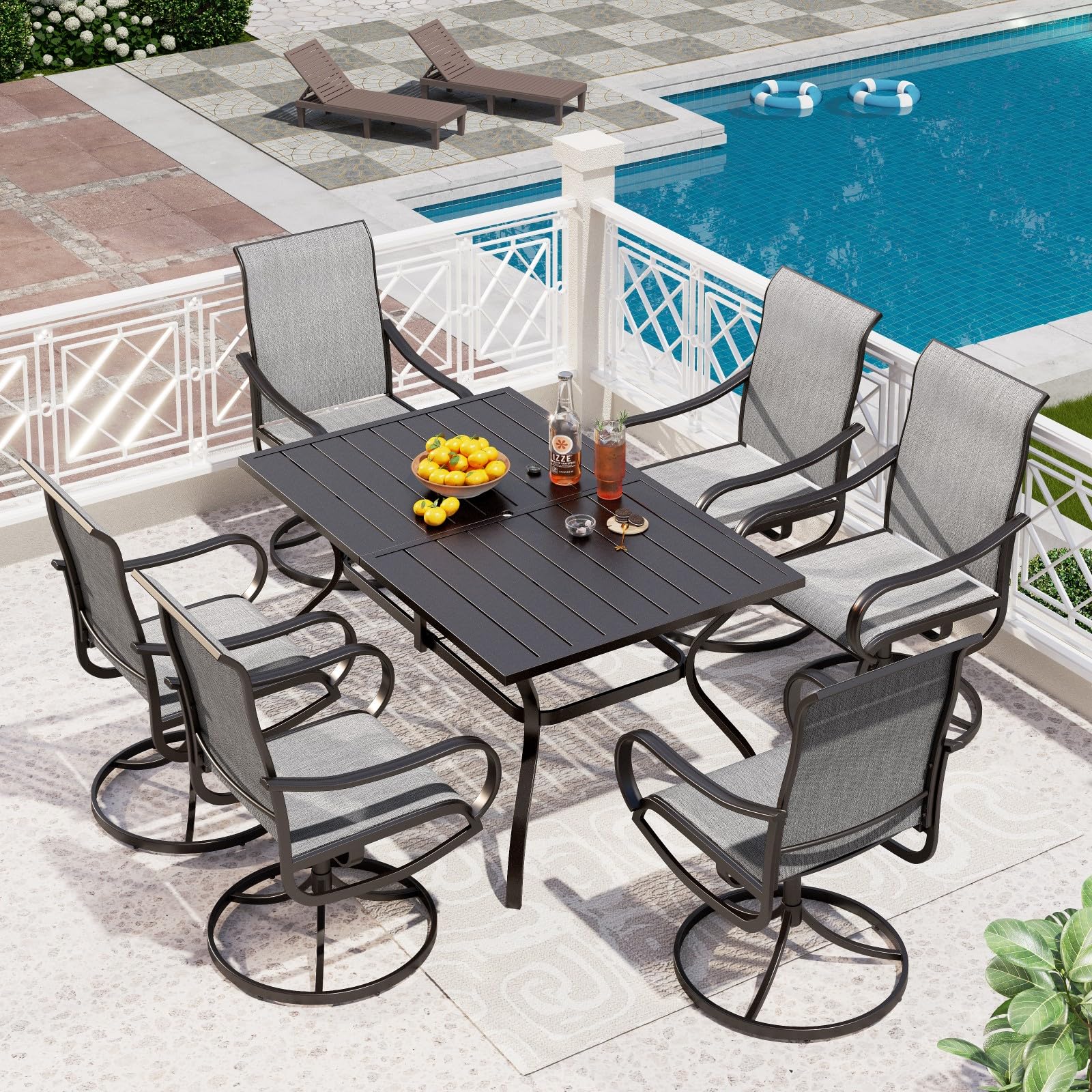 PHI VILLA Patio Dining Set for 6, Large Metal Table and 6 Outdoor Swivel Dining Chairs with Textilene Mesh Fabric, All Weather Patio Dining Furniture Set for Deck Lawn Garden (Gray)