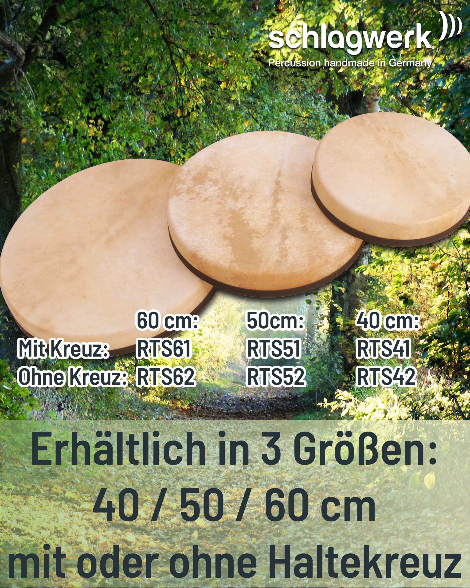 Schlagwerk RTS41 Rahmentrommel Frame Drum Natural -Handtrommel mit Haltekreuz - ⌀ 40 cm / 16 Zoll / 8 cm hoch - Ziegenfell, stimmbar - Buchenholz - Schamanentrommel Made in Germany