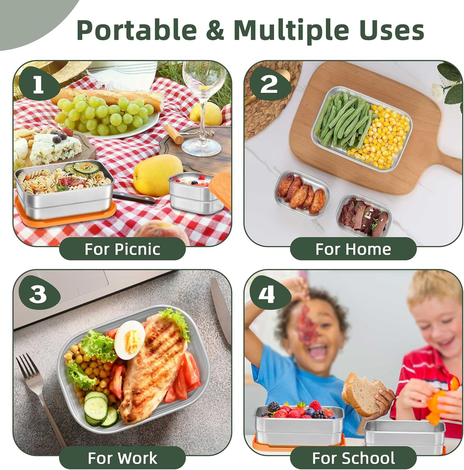 HaWare 8oz*2+25oz Stainless Steel Lunch Containers, Leak Proof Food Storage Snack Containers with Silicone Lids, Portable Sandwich Containers, Easy Open Bento Lunch Box for School Daycare - Image 6