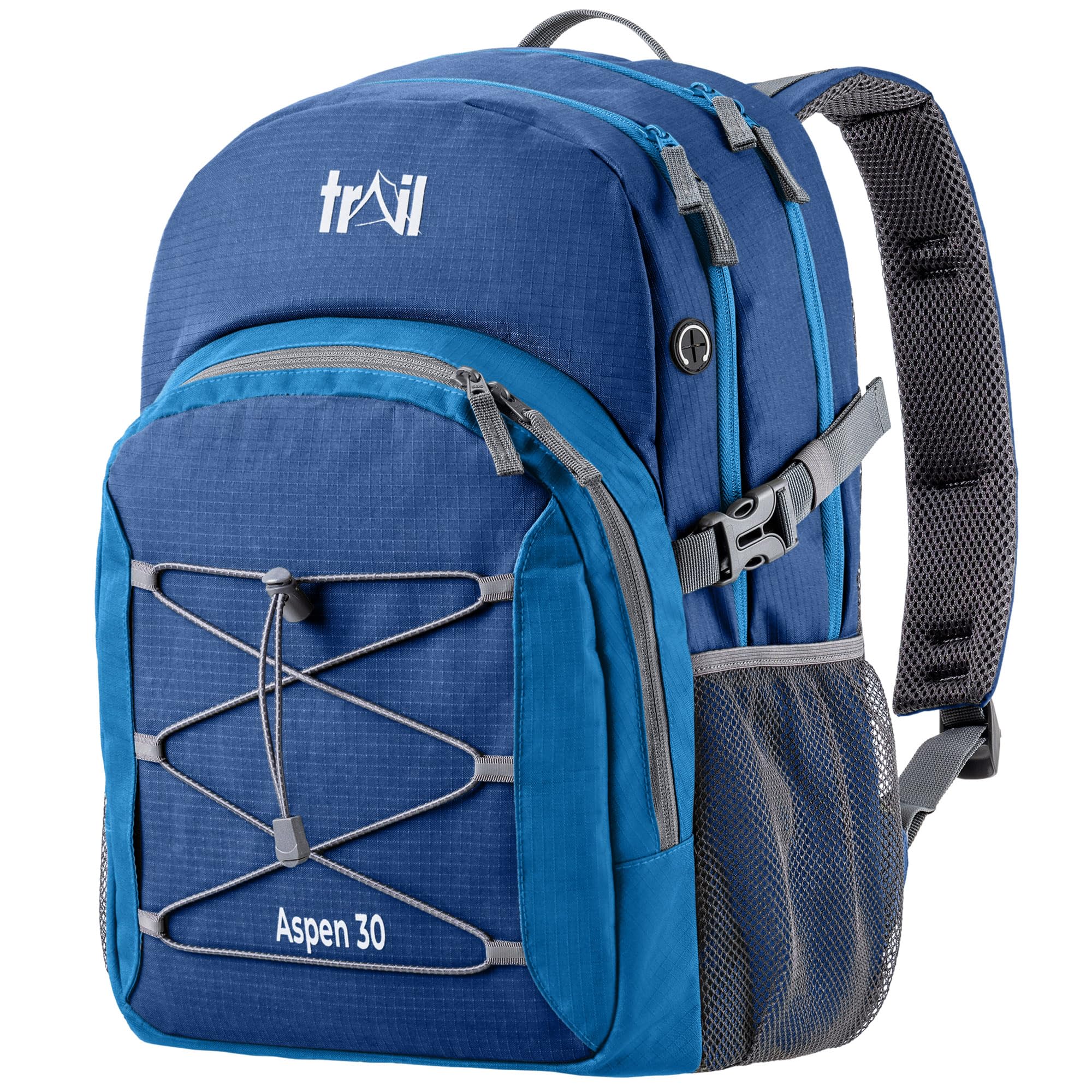 Trail Aspen 30L Day Pack Backpack for School Work Hiking Camping Travelling, Breathable Padded Back & Straps, 3 Zip Compartments, Internal Pockets, Bungee Cords, USB/Headphone Port, Water Resistant