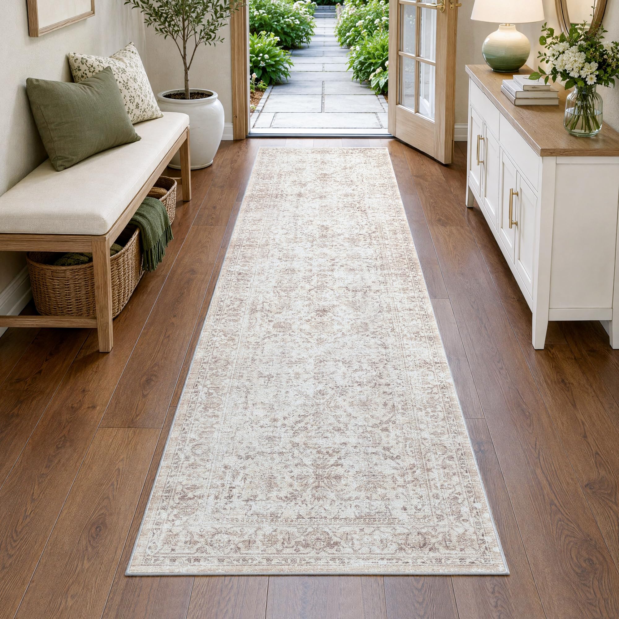 Beauoop Vintage Teppich Läufer Flur 60x240 cm Beige Waschbar Küchenteppich | Kurzflor Weich Rutschfest Retro Teppichläufer Bettvorleger Schlafzimmer Wohnzimmer Eingangsbereich Pflegeleicht Kitchen Rug