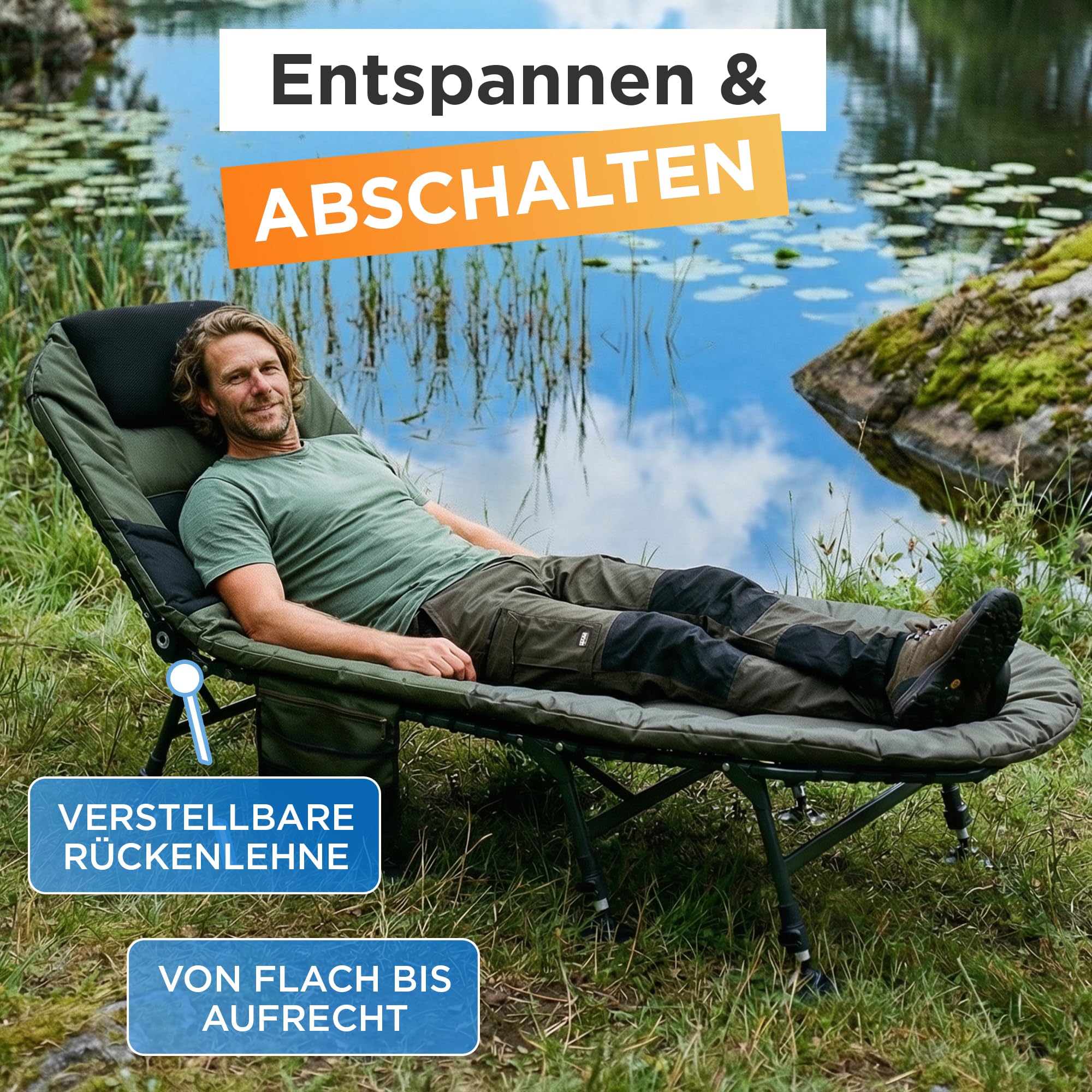 Karpfenliege [Stabil, Bequem & Leicht zu Reinigen] - Angelliege mit extragroßen Schlammfüßen, Angelliege Karpfenliege, Campingliege, Feldbett