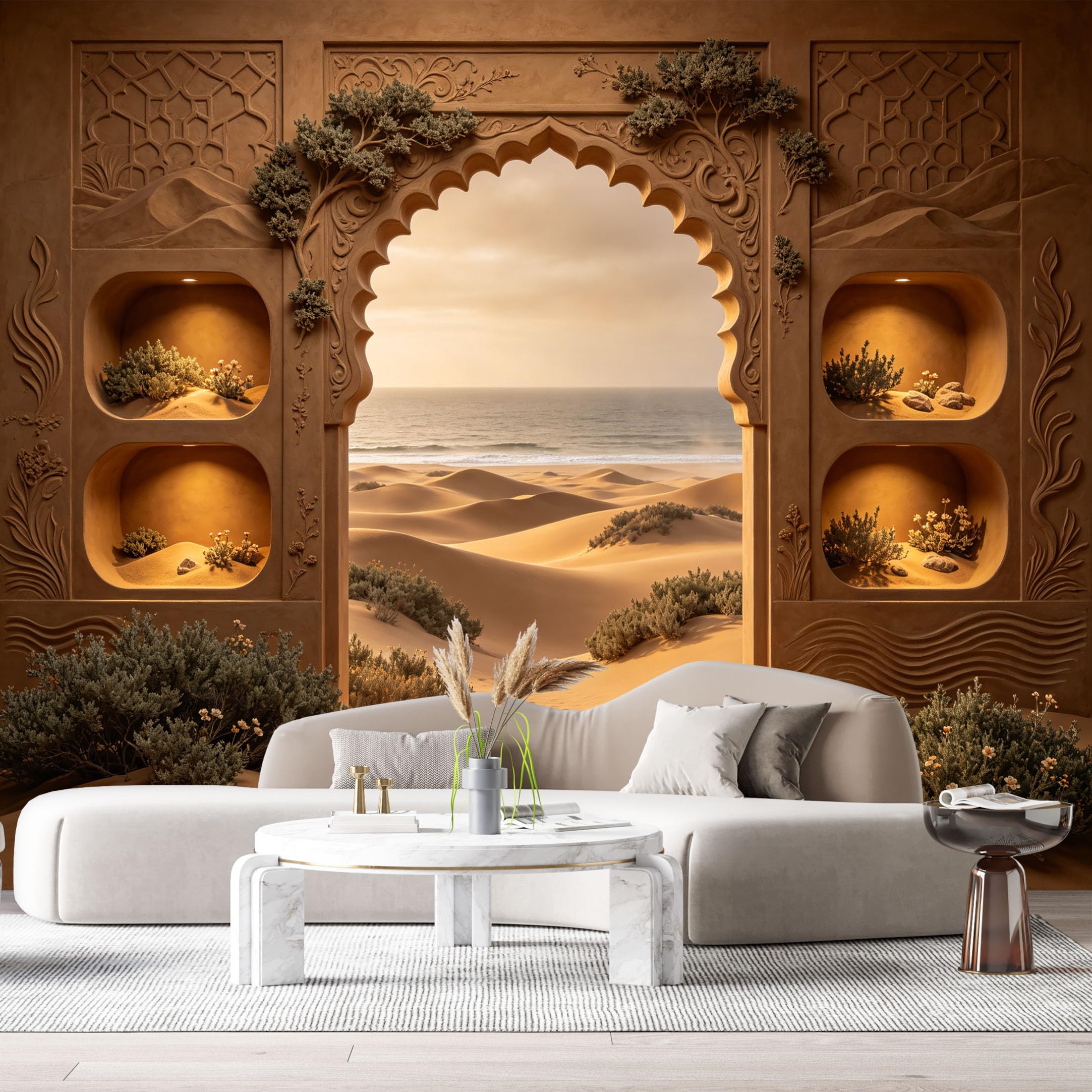 Custom Size Wall Murals Desert Archway Ocean Horizon Monochrome 3D Trompe L'Oeil SelfAdhesiveWall Fabric Removable Wallpaper Wall Decor for Living Room Bedroom Bathroom