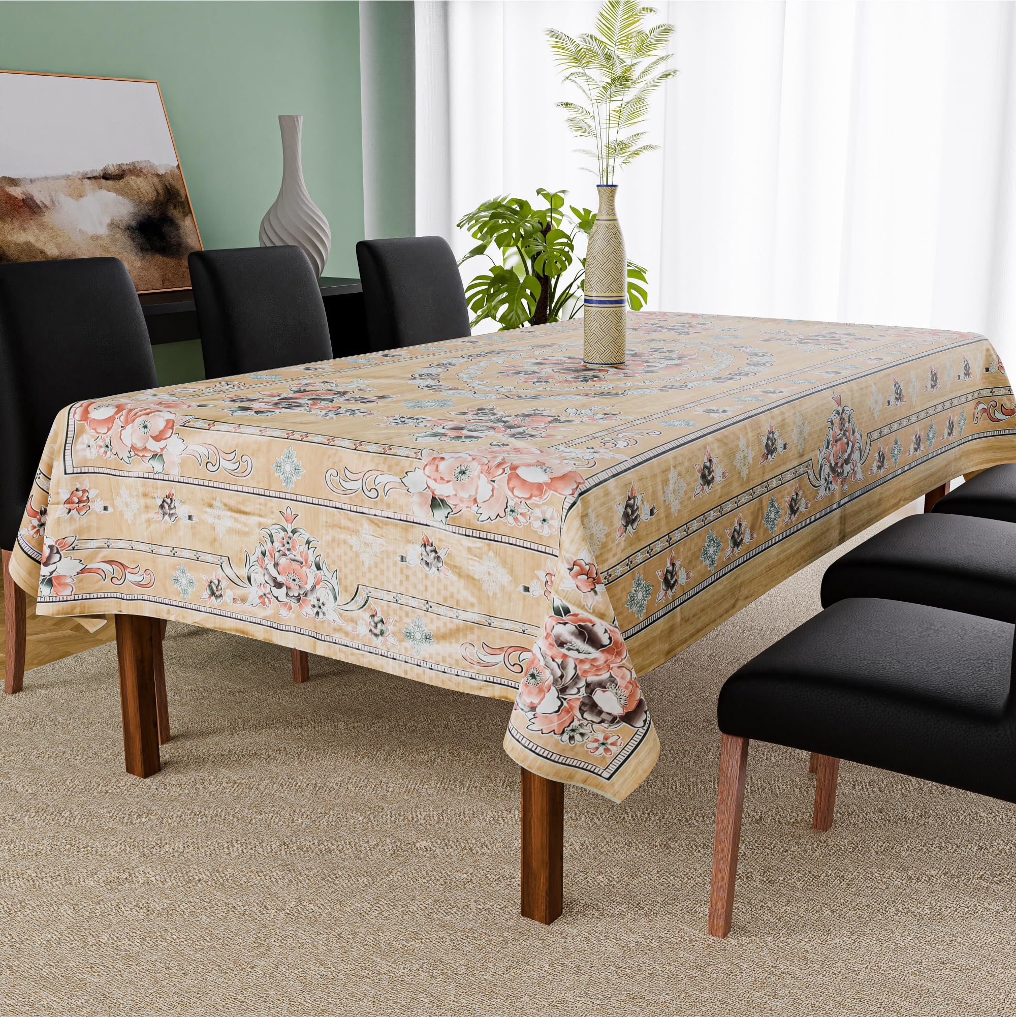 Kuber Industries 60x90 Inch PVC Dining Table Cover 6 Seater Waterproof | Dining Table Cover/Sheet for Party and Events | Passion Flower Print - Light Brown