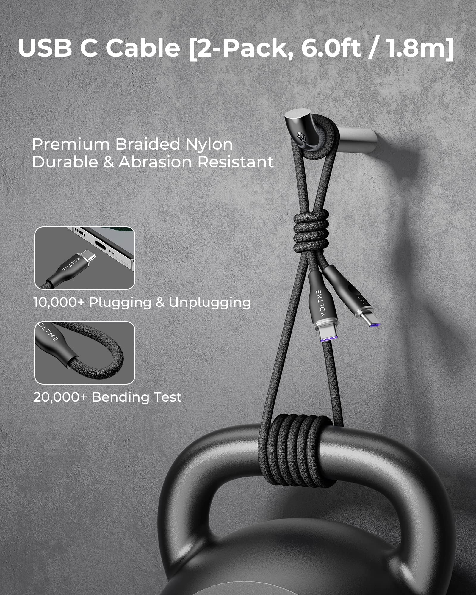VOLTME Set di 2 Cavo USB C a USB C PD 5A 100W Nylon Intrecciato 1.80m, RUGG USB-C Tipo C Cavo di Rapida Compatibile con MacBook, MateBook pro, Pixel 7/6 Pro/5/4XL, iPad Pro, Galaxy, ecc. (nero)