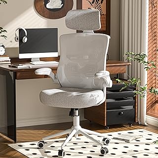 Chaise de Bureau Ergonomique, Fauteuil Bureau à Dossier Haut Mesh - Coussin Mousse Épais, Appui-Tête Réglable, Soutien Lombaire, Inclinaison Verrouillable et Porte-Vêtements (Gris)