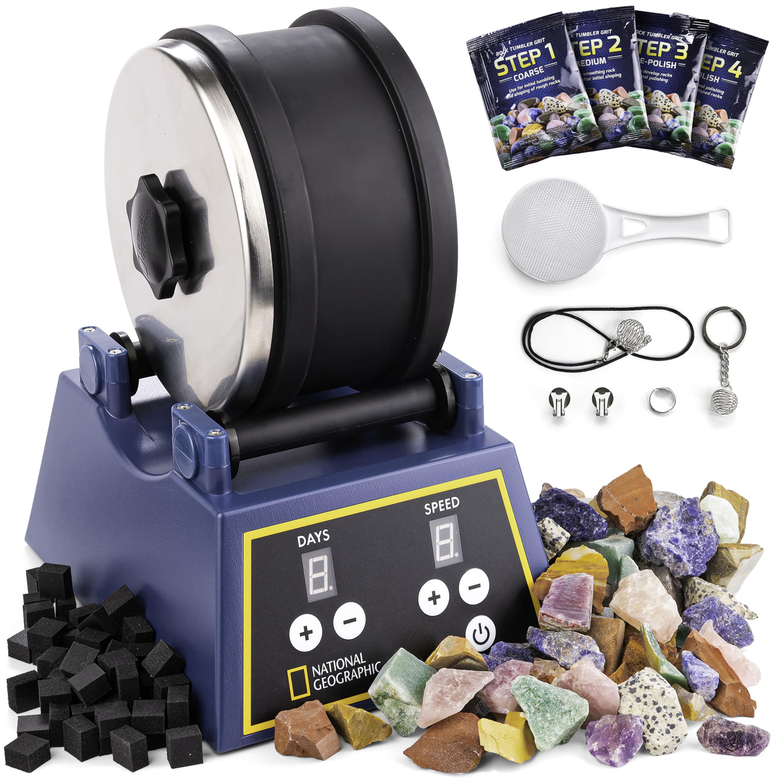 National Geographic Steintrommel-Set - Extra große 1,36 kg Kapazität, 1,36 kg ungeschliffene Edelsteine, 4 Polierstärken, Schmuckbefestigungen, EIN pädagogisches Mint-Wissenschafts-Set