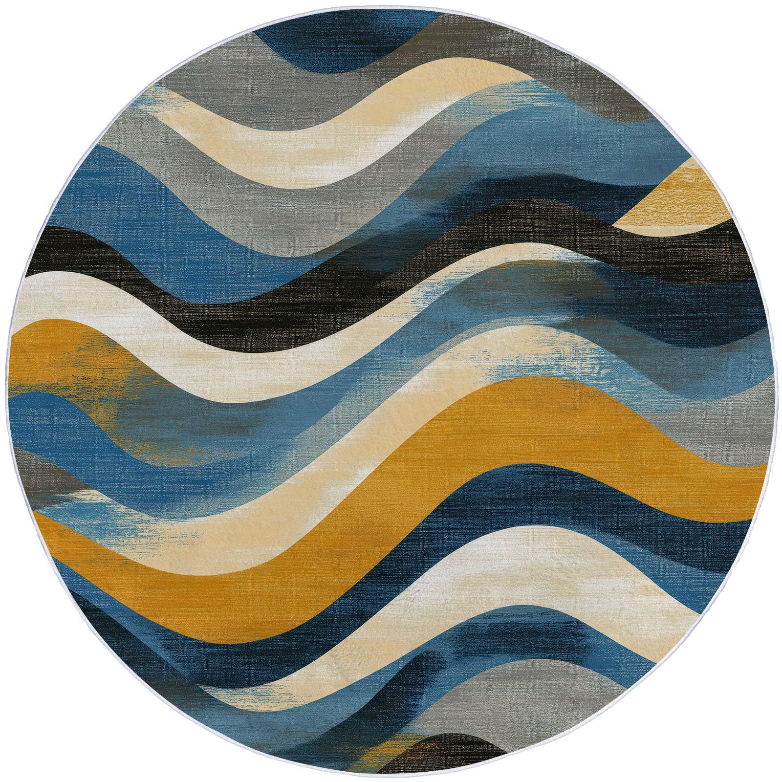 Tapis Rond Imprimé Abstrait Dessiné À La Main Vagues Géométrique Salon, Lavable Doux Gris-Bleu Tapis de Sol Décoration Antidérapant pour Chambre Salon Cuisine Balcon Bureau 100 cm