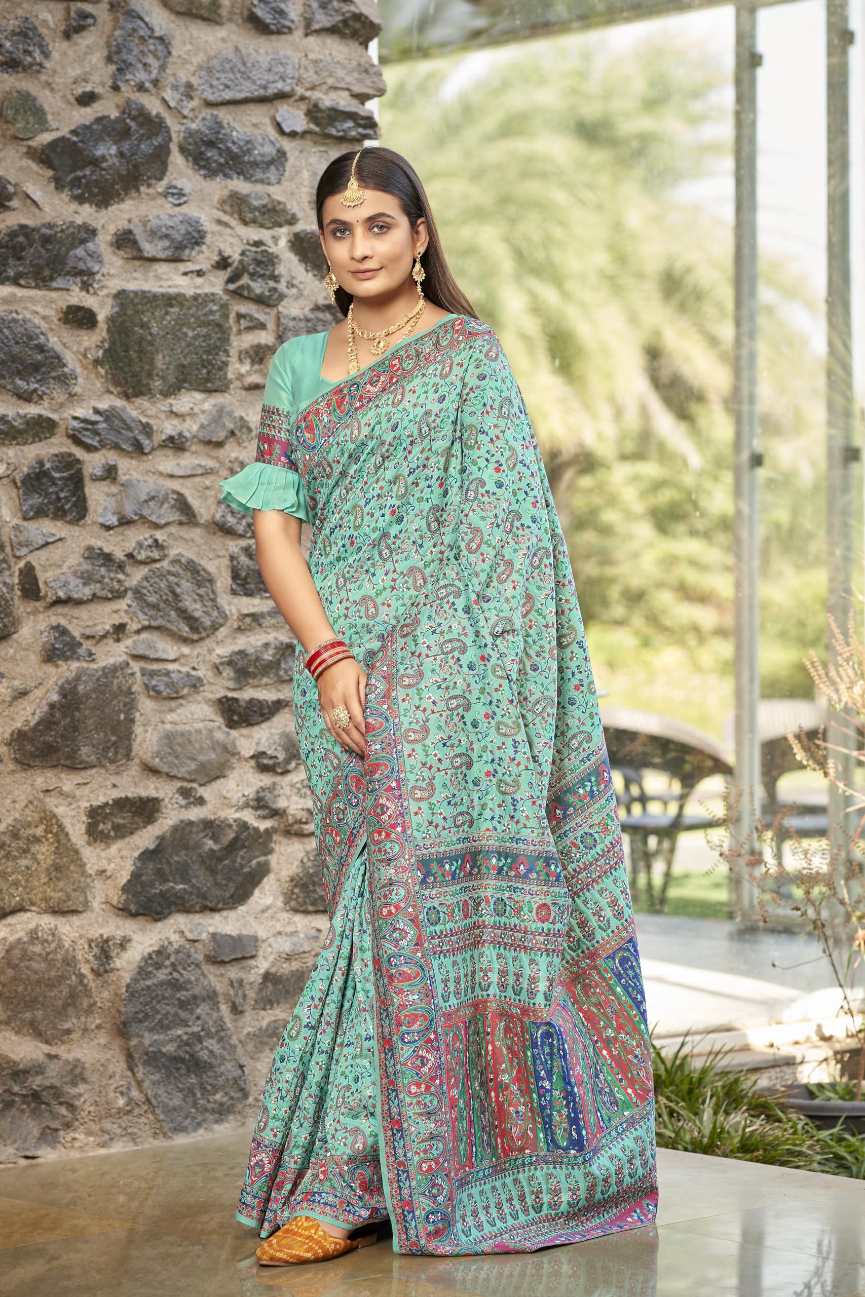 Glory Sarees Women's Kashmiri Pashmina Silk Woven Saree With Blouse Piece (Heritage_Silk110_Rama) 1