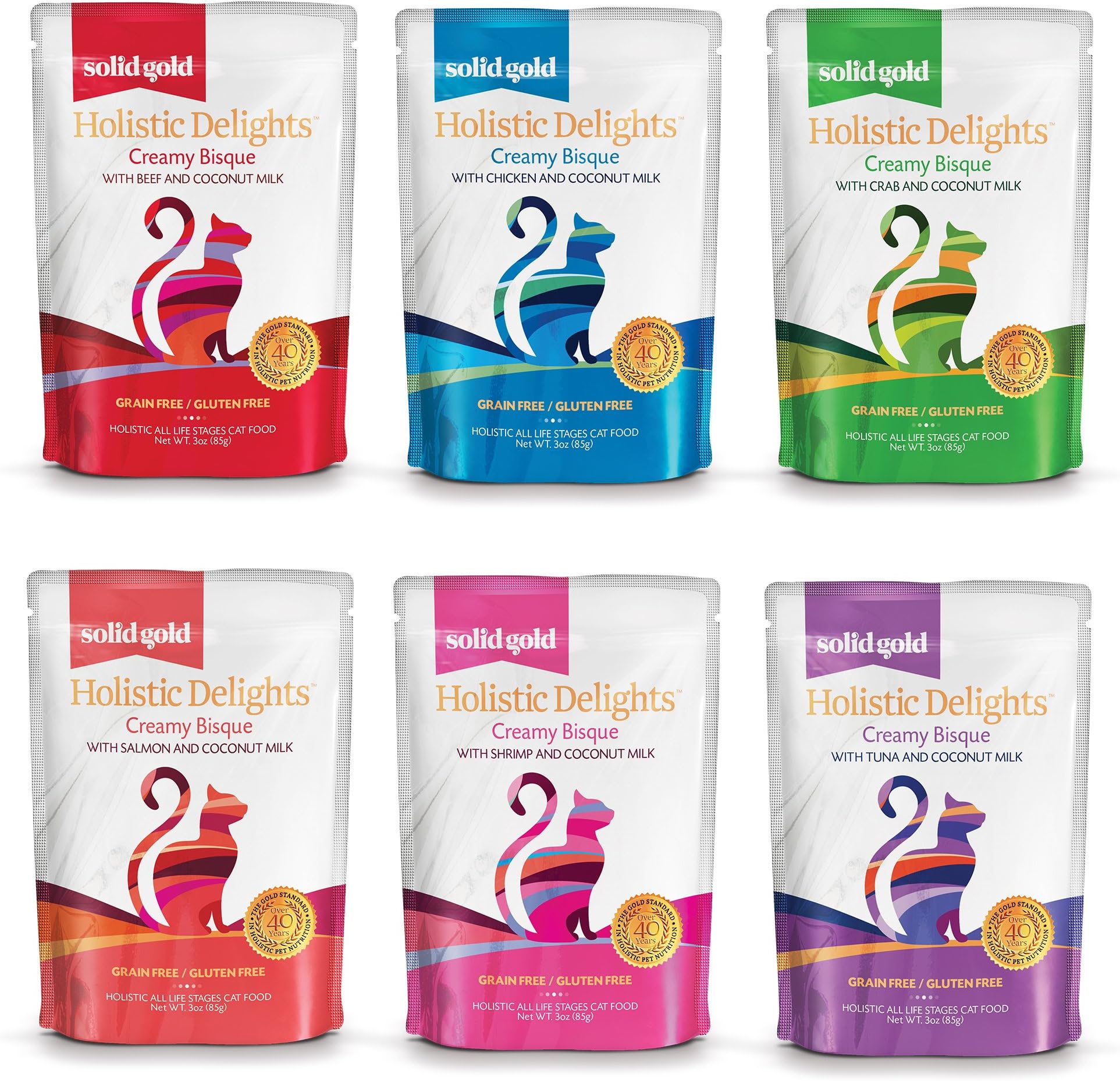 Solid Gold Creamy Bisque Wet Cat Food; Holistic Delights Coconut Milk & Poultry/Seafood Variety Pack, 6 Flavors, 12Ct/3Oz Pouch