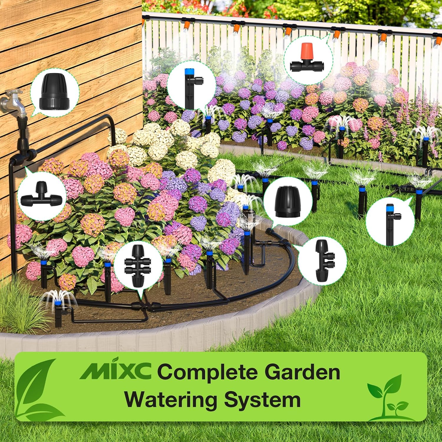 MIXC 250FT Drip Irrigation System Kit, Quick-Connect Garden Misting Watering System with 1/2” 1/4” Tubing Adjustable Nozzles Sprinklers for Indoor Outdoor Garden Potted Plant Lawn Greenhouse