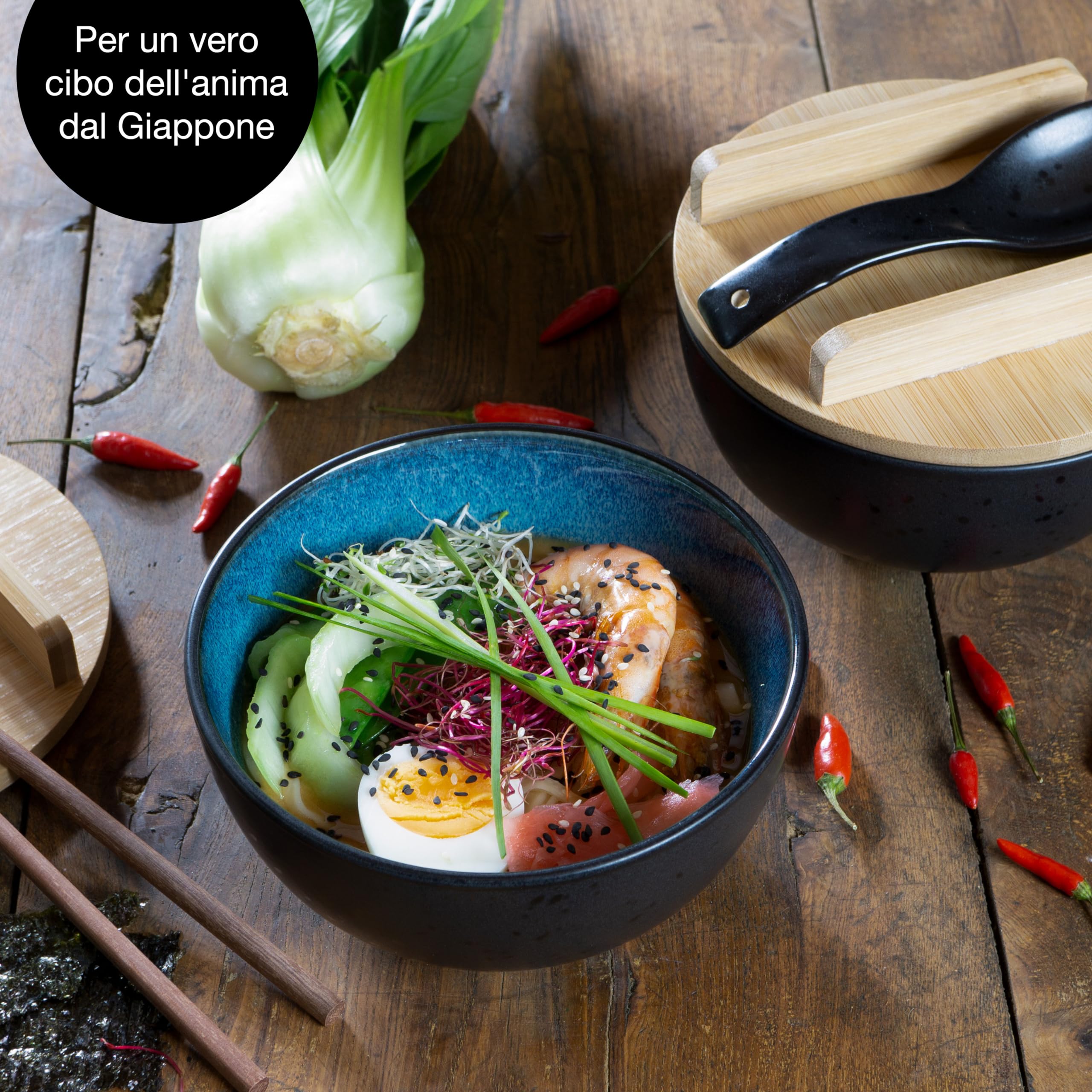 Moritz & Moritz SOLID Ramen - 2 ciotole in ceramica – 600 ml – 15 cm Ø – nero blu – Set per 2 persone – per zuppa, Pho e Sushi Bowl – Incl. bastoncini, coperchio e cucchiaio
