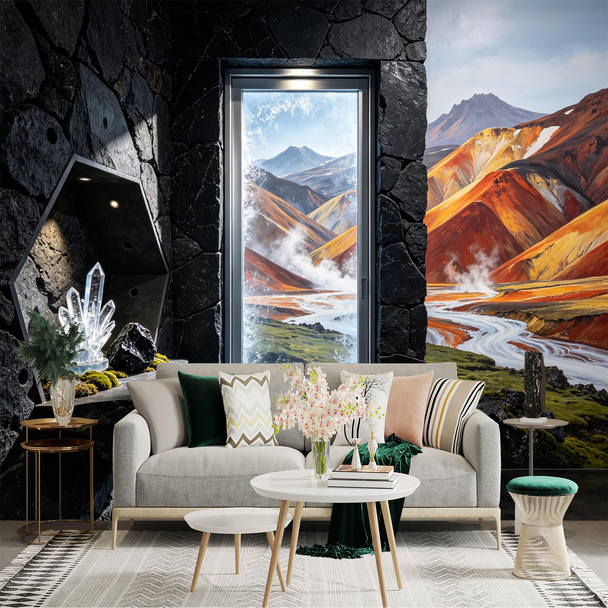 Custom Size Wall Sticker Mural， Volcanic Mountain Valley， Colorful Hills and River Landscape， for wall Decoration， peelandstick wall Decals.
