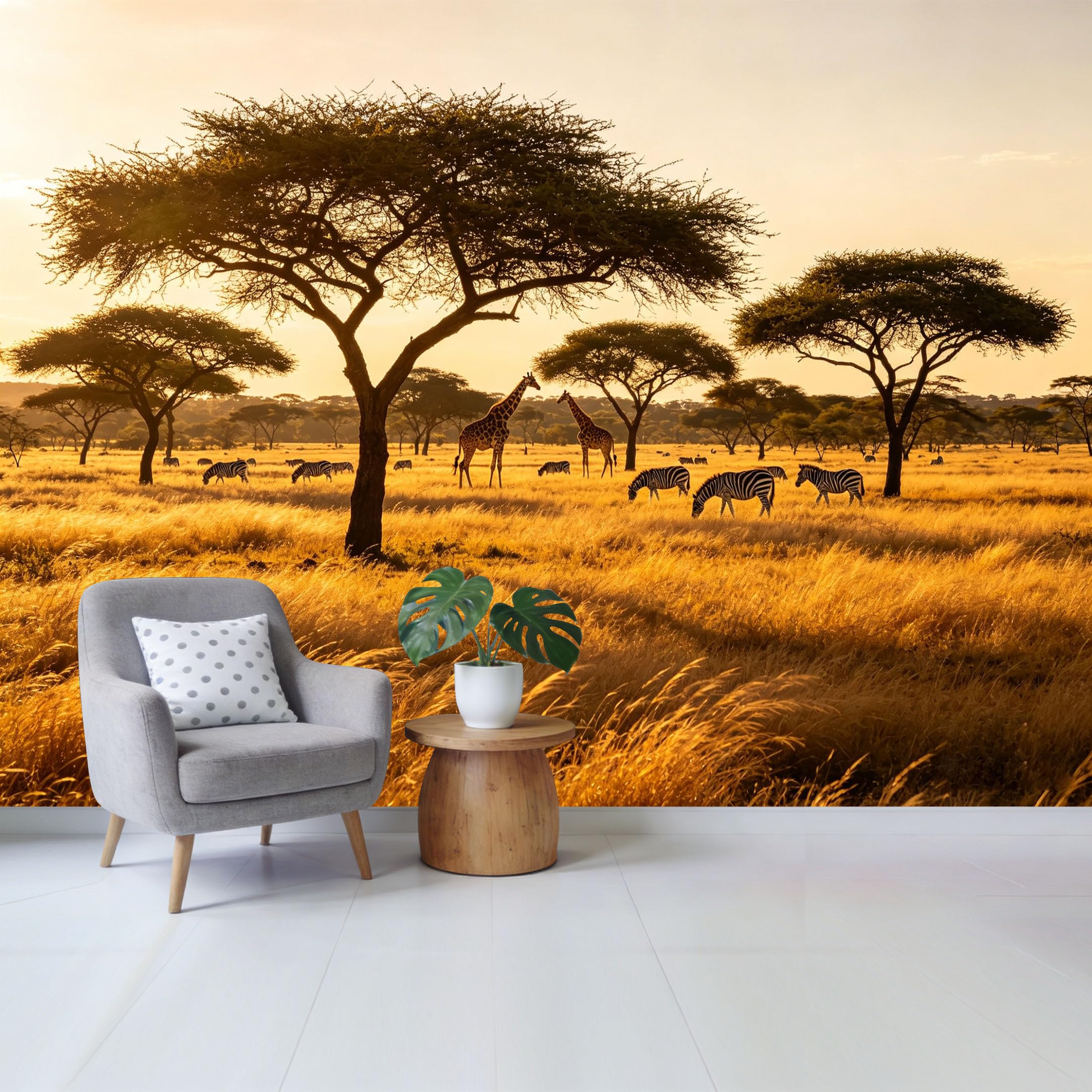Qzlithotic Yq2605250195 Custom Size Wall Mural African Savannah Landscape Giraffes And Zebras Sunset Silhouette Botanical Selfadhesive Wall Fabric Removable Wallpaper For Home Office Decor