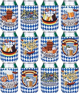 12 Pack Oktoberfest Can Coolers Sleeves Collapsible Neoprene Beer Can Cooler Covers Blue and White Checkered Beer Bottle Cup Insulator for Oktoberfest Bavarian Beer Festival Party Supplies
