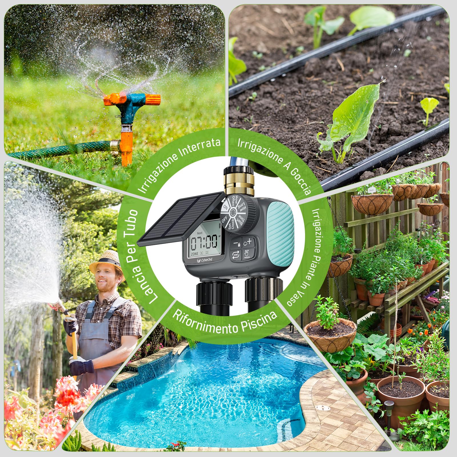 Timer per Irrigazione Solare CyberOrd a 2 Zone, Centralina Irrigazione con Ricarica Solare, Programmatore di Irrigazione con Modalità Auto/Manuale/Ritardo Pioggia per Prato/Patio/Giardino