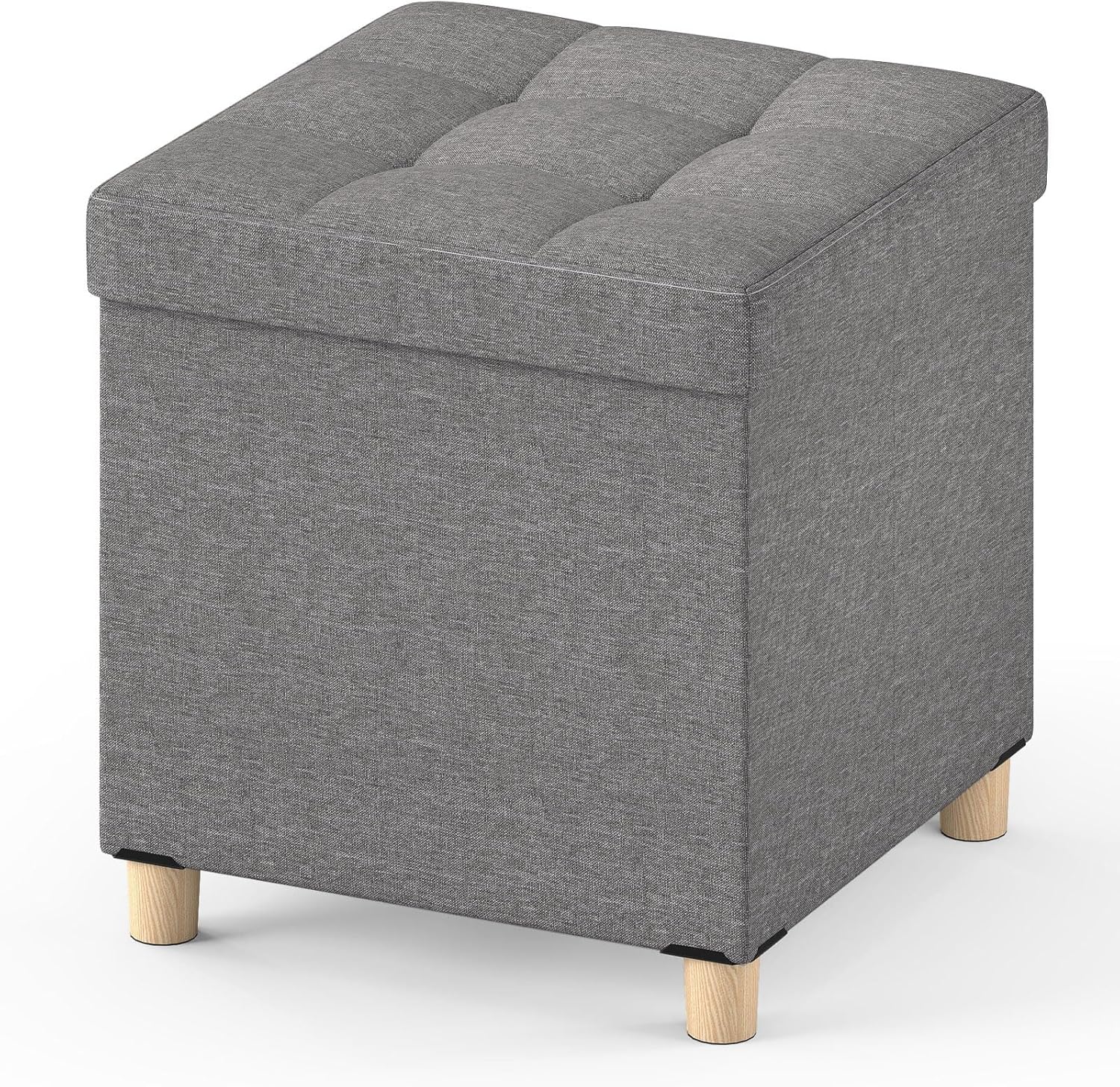 Giantex Small Storage Ottoman Cube with Tray Lid, Folding Linen Fabric Foot Stool with Elevated Wooden Legs, Multi-Functional Ottoman Foot Rest for Living Room, Bedroom, Entryway, 18 x 18 x 18 Inches
