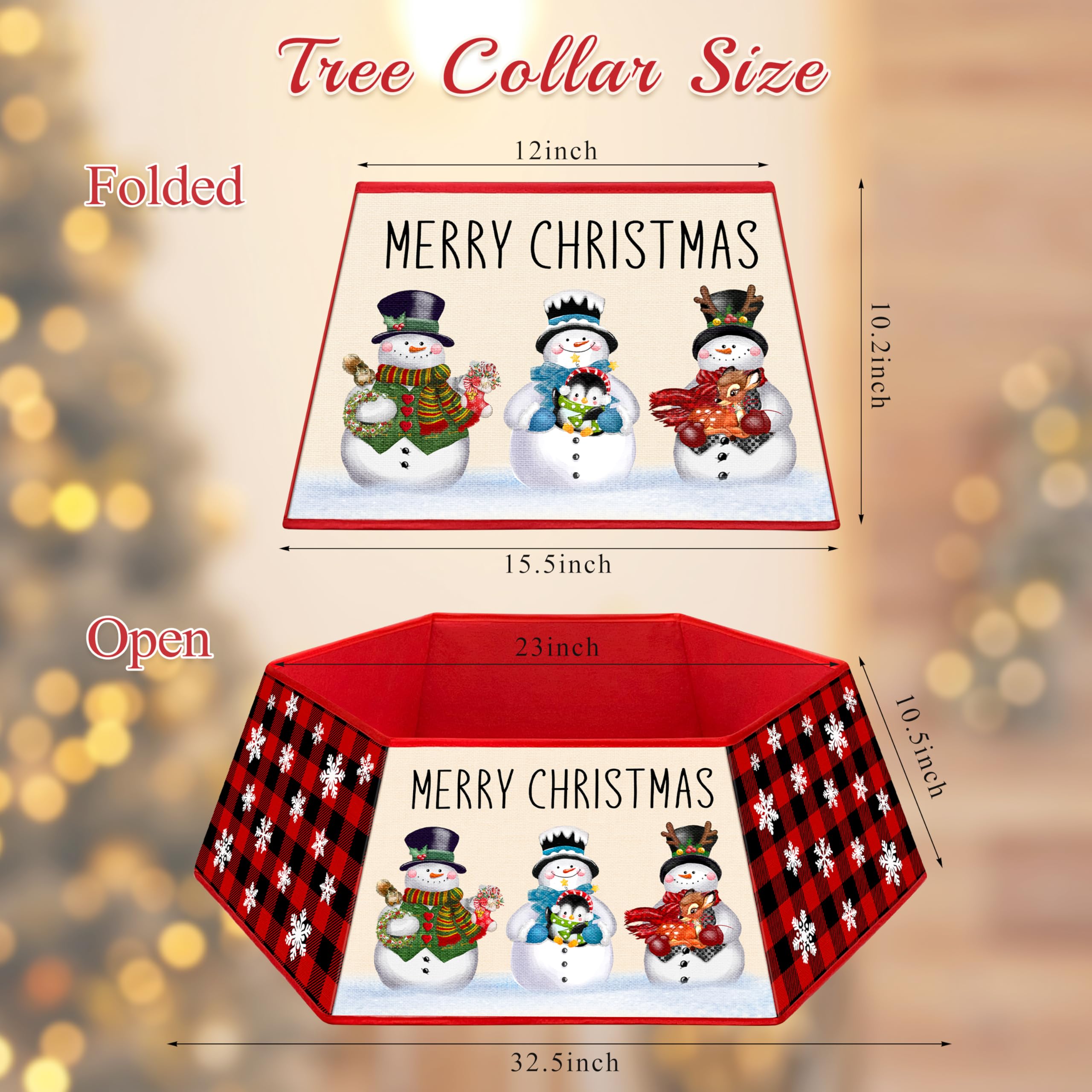 Buffalo Plaid Christmas Tree Collar for Artificial Trees - Base Cover Box Stand Fabric Hexagon Skirt Ring - Xmas Holiday Home Decoration (Snowman)